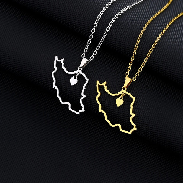 Iran Outline Heart Map Necklace Chain Pendant