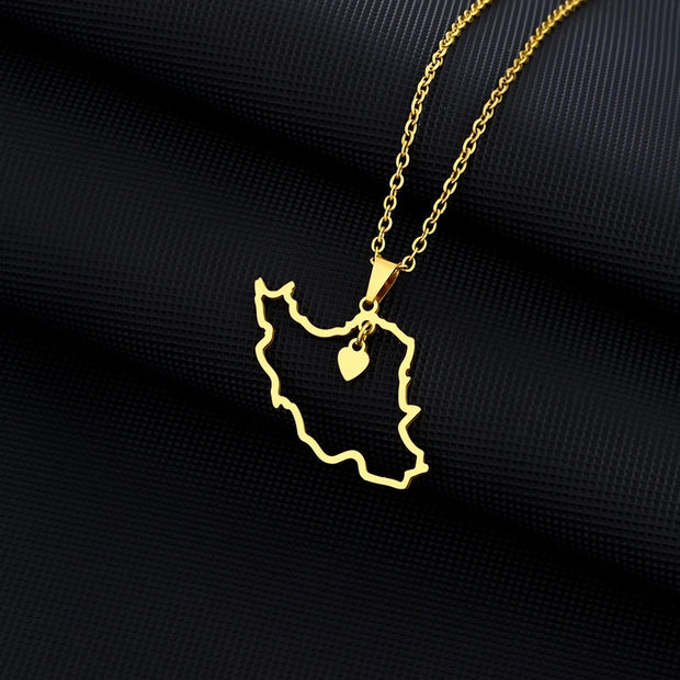 Iran Outline Heart Map Necklace Chain Pendant