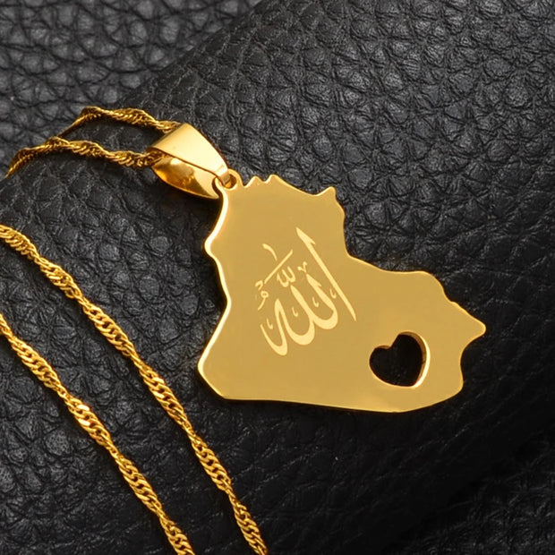 Iraq "Allah" Heart Map Necklace Chain Pendant