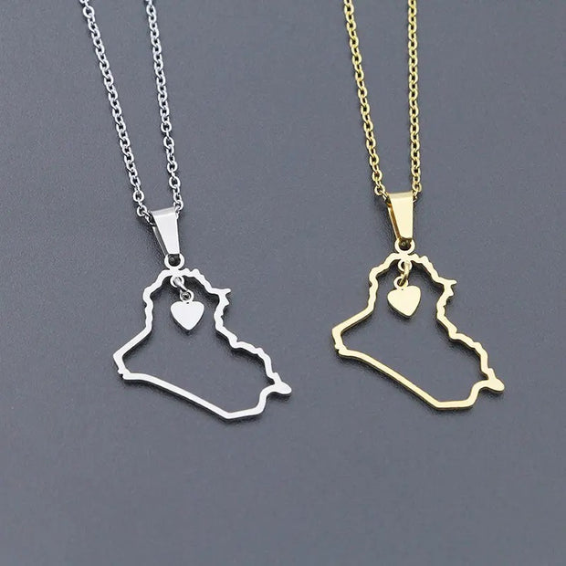 Iraq Map Outline Heart Necklace Chain Pendant