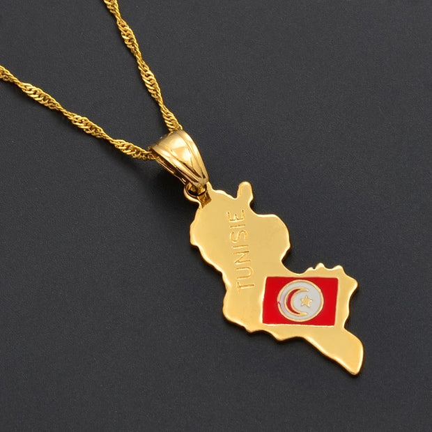 Tunisia Map Flag Necklace Chain Pendant